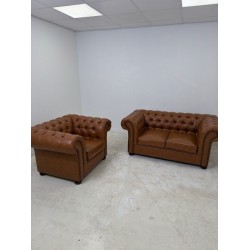 Chesterfield set 2-zits bank en fauteuil cognac kunstleer design