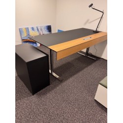 Dencon Delta X sit-stand executive desk chrome black soft laminate oak veneer showroom model